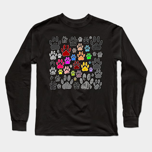 Colorful Distressed Dog Paw Prints On Gray Long Sleeve T-Shirt by Braznyc